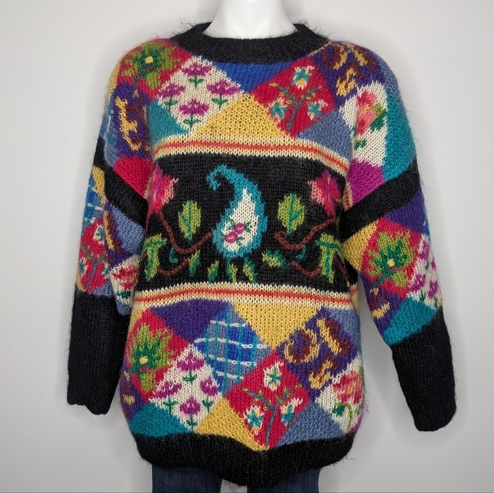 Vintage Siba Colorful Mixed Print Floral Lined Mohair Blend Funky Sweater L